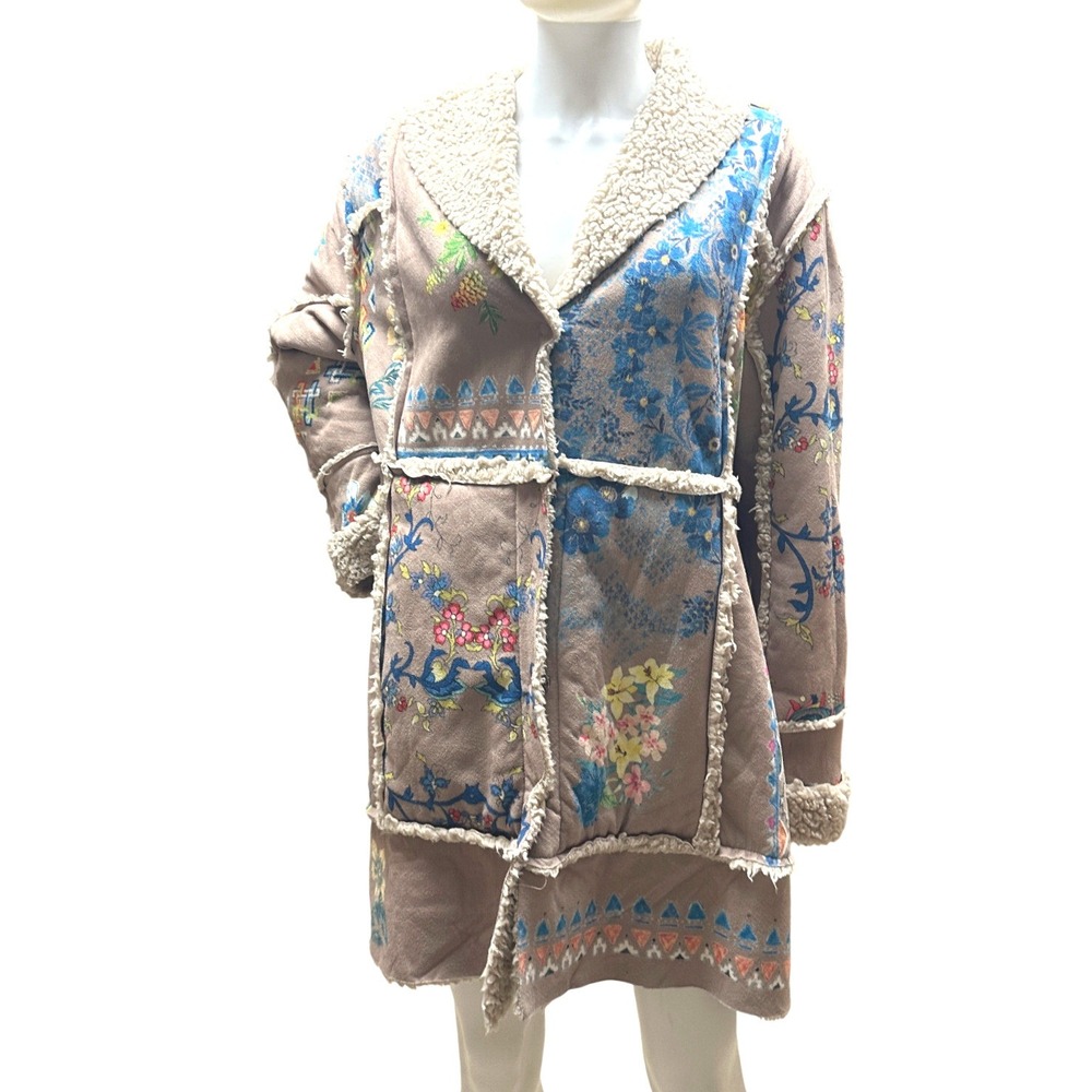 Johnny Was Steppa Sherpa Faux Suede Coat XL Floral Patchwork Embroidered